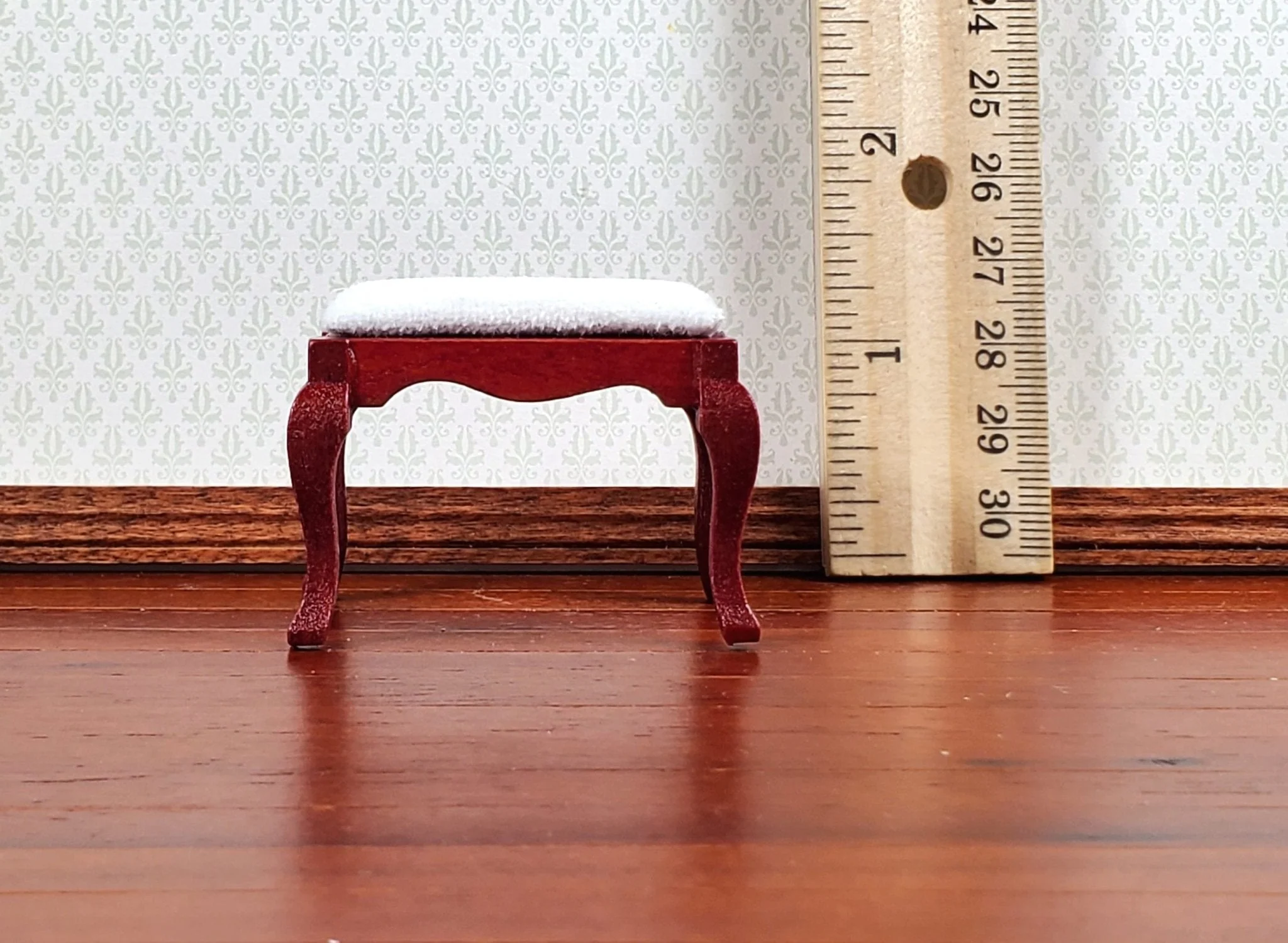 Dollhouse Vanity Stool Bench Mahogany Finish Fabric Seat 1:12 Scale Miniature Furniture - Image 6