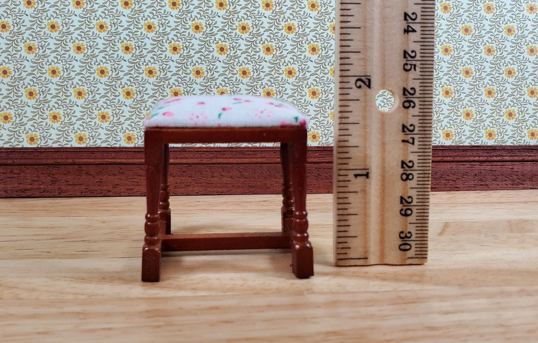 Dollhouse Vanity Stool Bench Walnut Finish Fabric Seat 1:12 Scale Furniture - Image 3