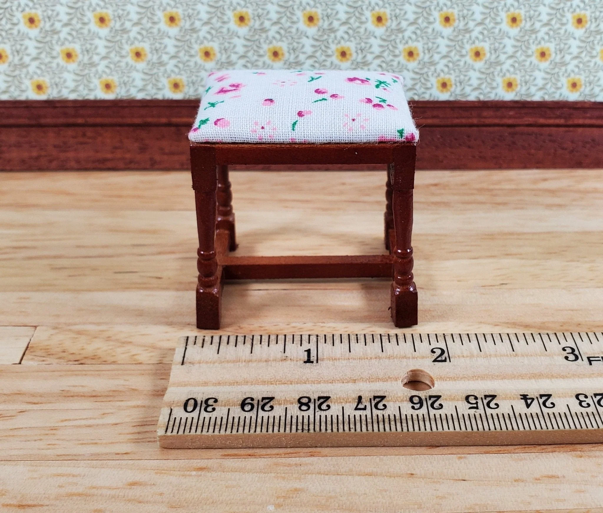 Dollhouse Vanity Stool Bench Walnut Finish Fabric Seat 1:12 Scale Furniture - Image 4