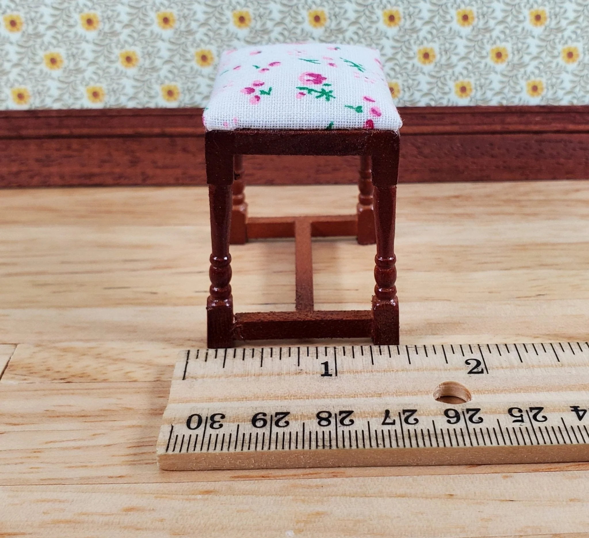 Dollhouse Vanity Stool Bench Walnut Finish Fabric Seat 1:12 Scale Furniture - Image 5