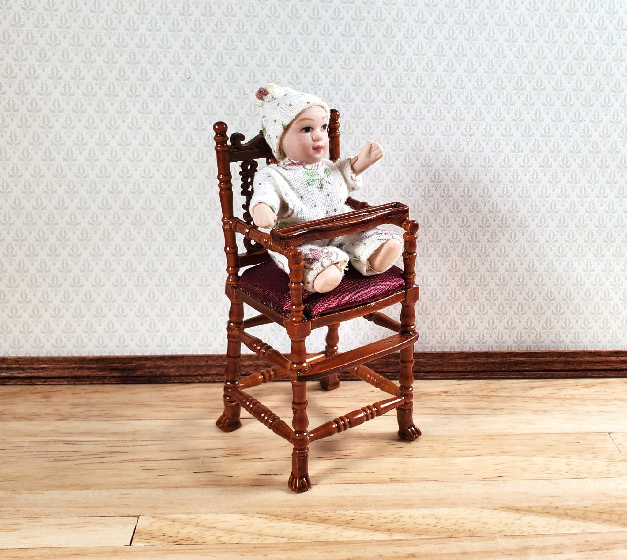 Dollhouse Victorian Highchair 1:12 Scale Miniature Furniture Wood Walnut Finish - Image 5