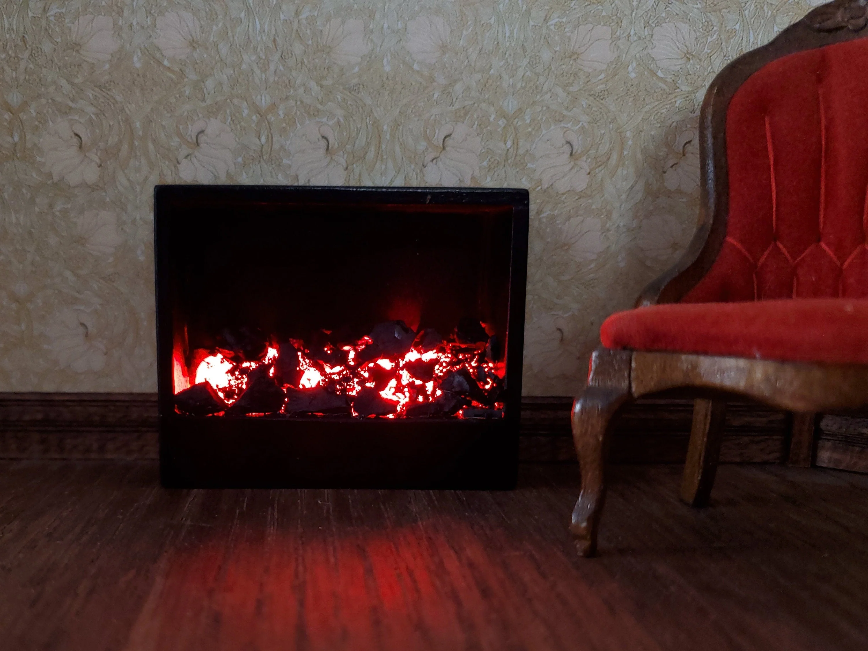Dollhouse Wall Mounted Fireplace Modern Style Coals Battery Operated 1:12 Scale Miniature - Image 4
