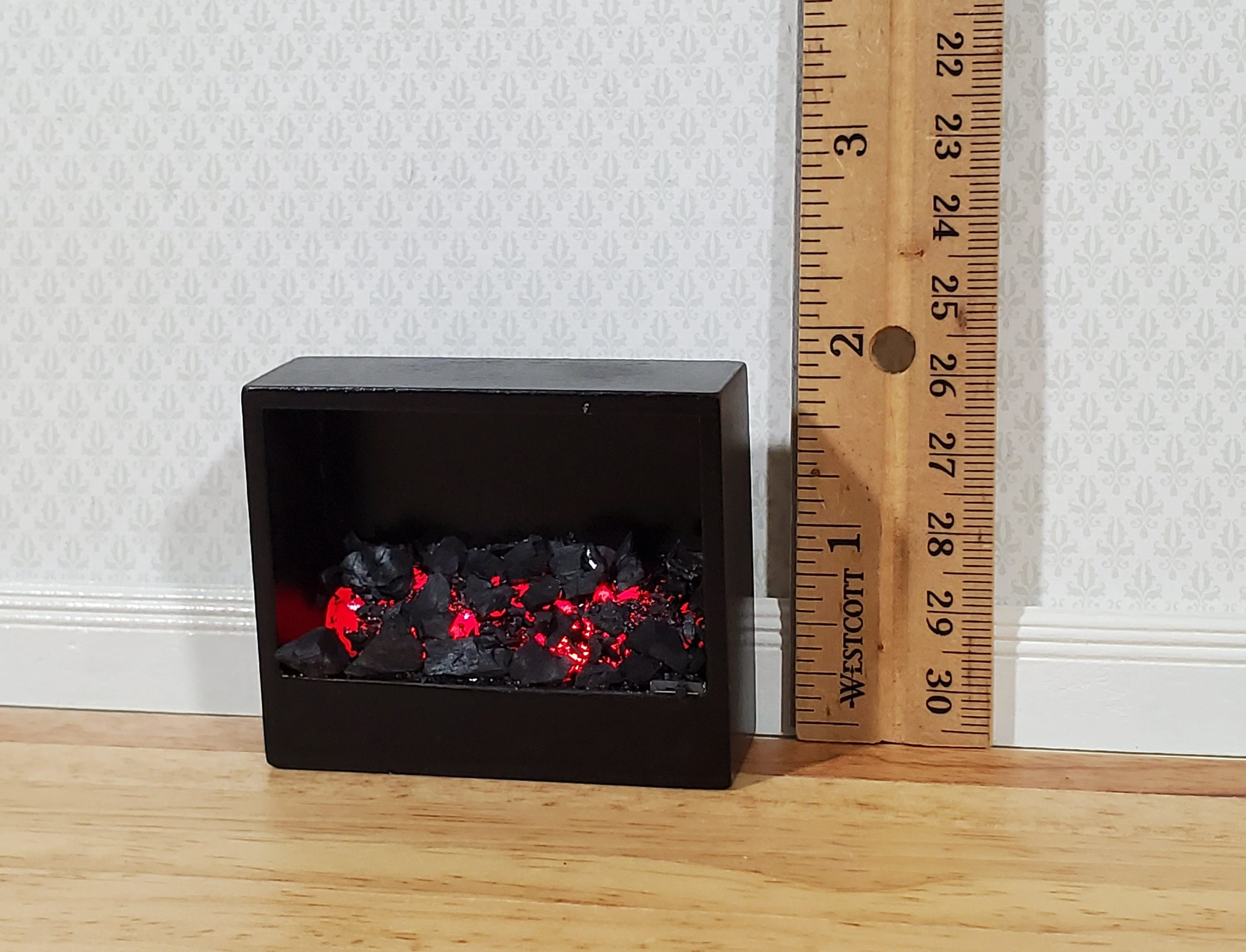 Dollhouse Wall Mounted Fireplace Modern Style Coals Battery Operated 1:12 Scale Miniature - Image 5
