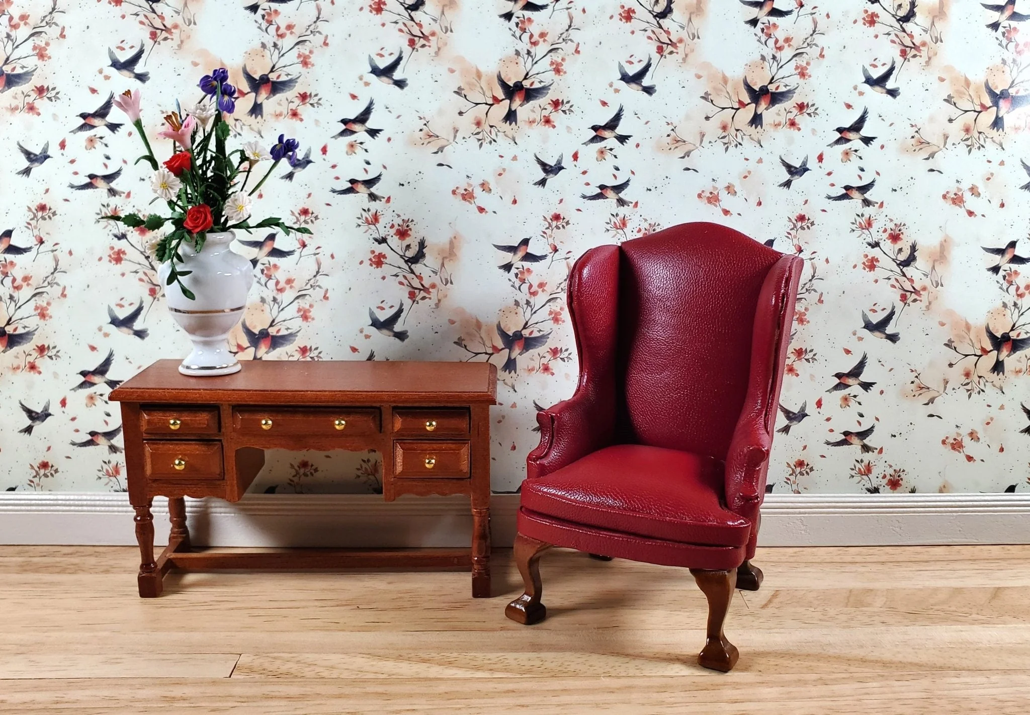 Dollhouse Wallpaper Flirty Birds Cream Beige Gray 1:12 Scale by MiniatureCrush - Image 3