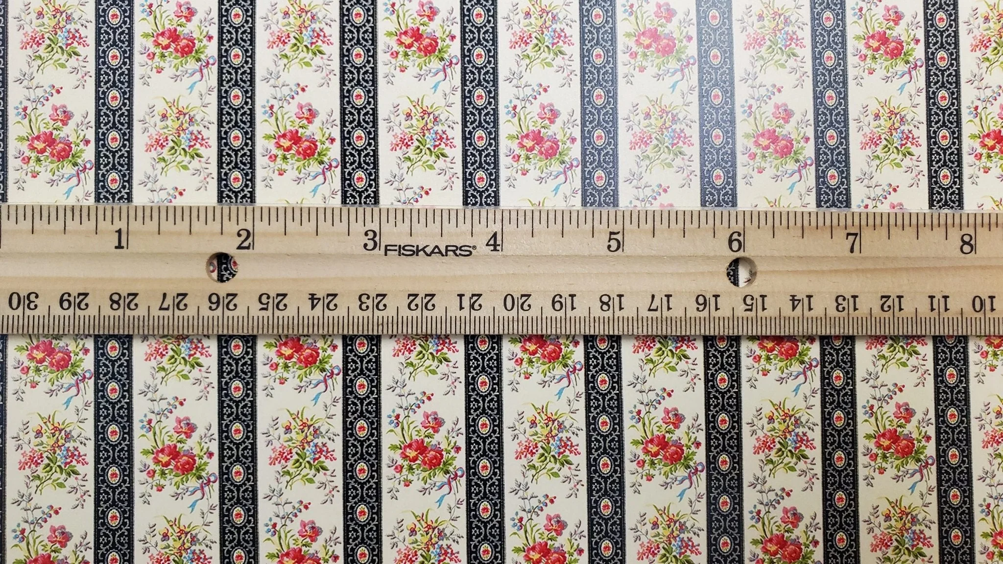 Dollhouse Wallpaper Floral Black Beige Claire Stripe 1:12 Scale by Itsy Bitsy - Image 3