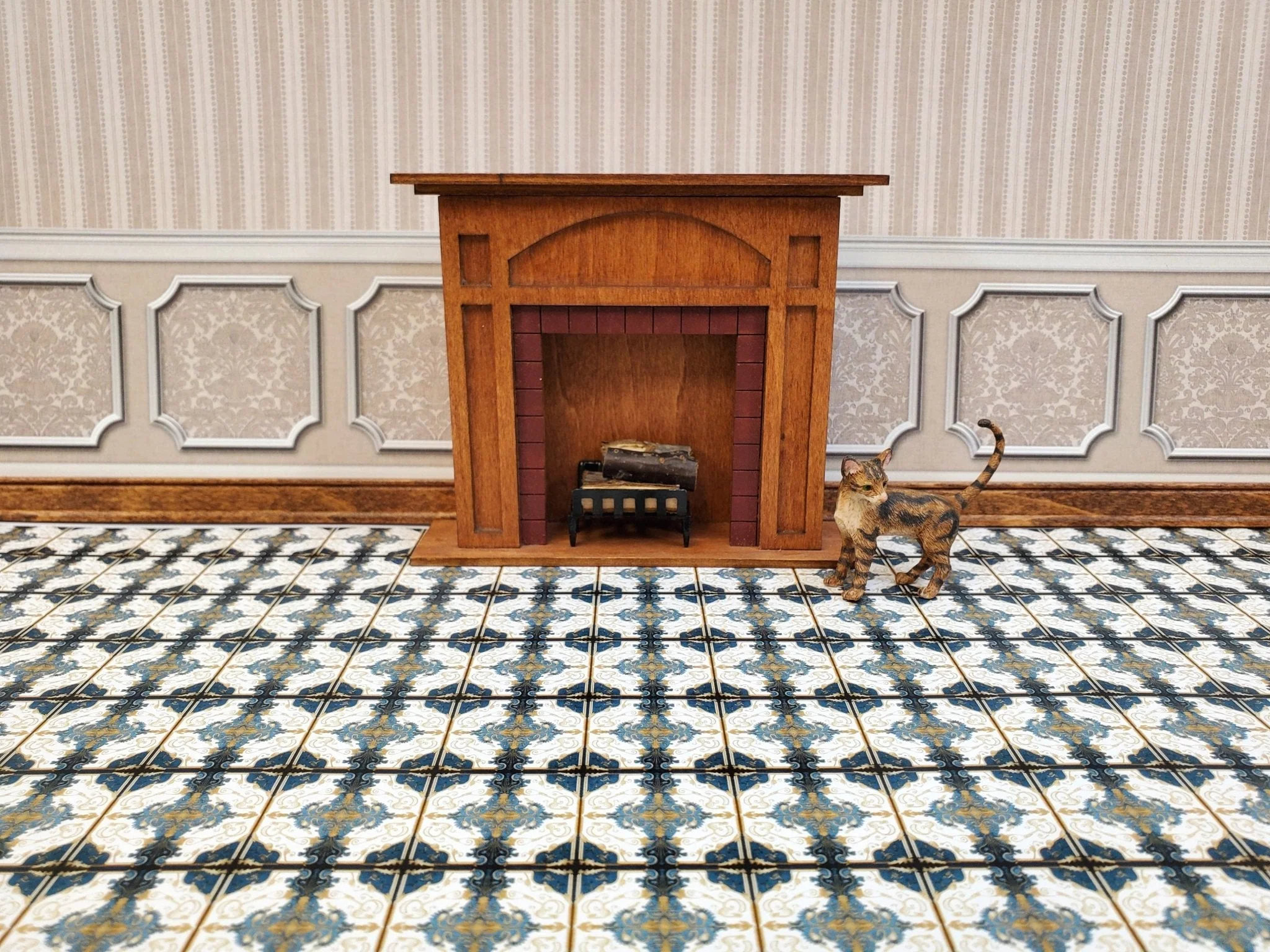 Dollhouse Wallpaper or Floor Tile Victorian Blue White Gold 1:12 Scale by MiniatureCrush - Image 6