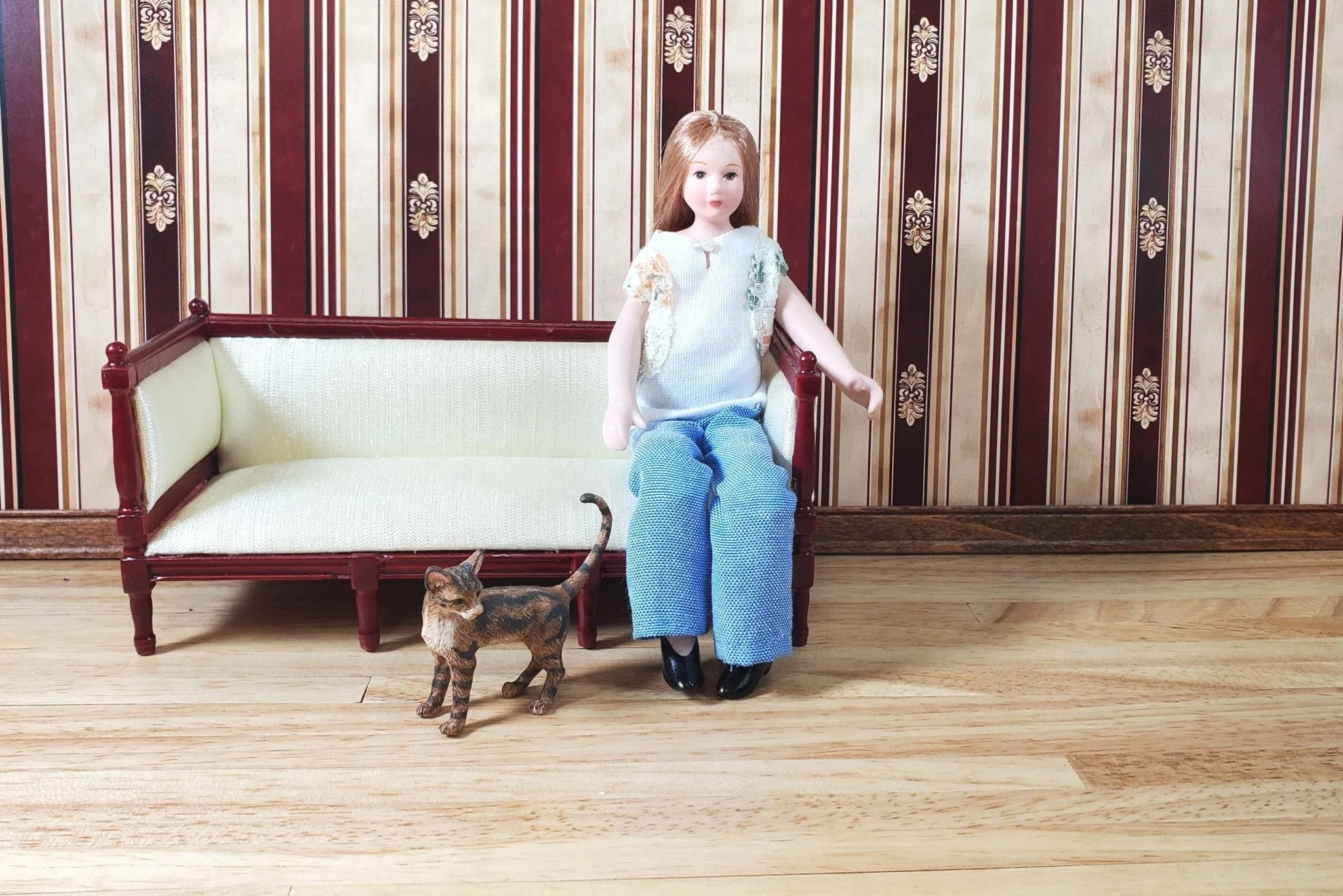 Dollhouse Wallpaper Stripes Large Print Maroon Beige 1:12 Scale Miniature - Image 3