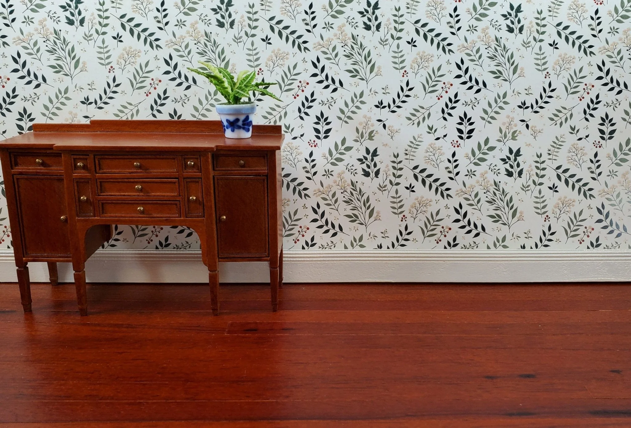 Dollhouse Wallpaper Vines and Berries Greens Cream 1:12 Scale MiniatureCrush - Image 4