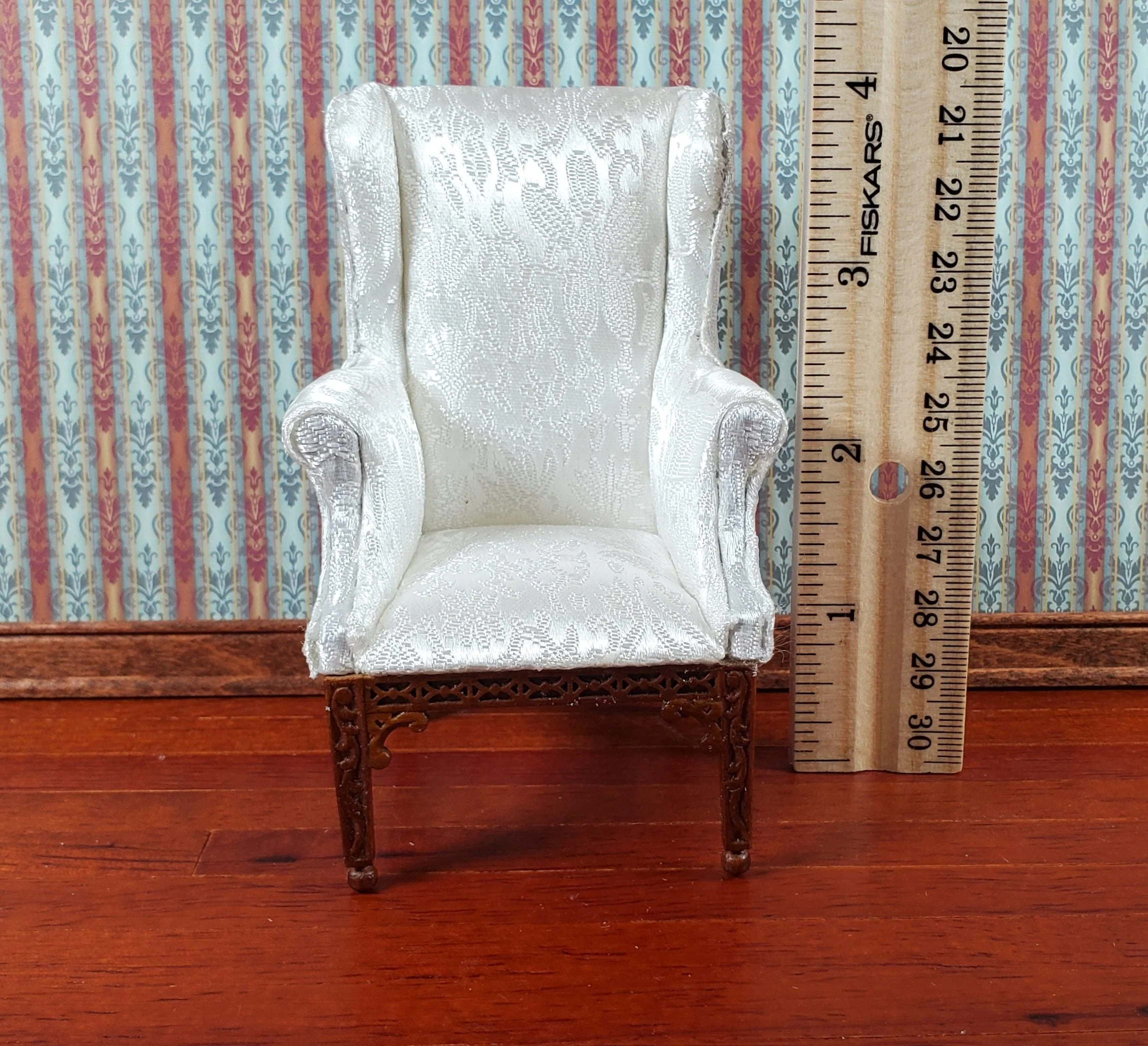 JBM Dollhouse Arm Chair White Brocade Fabric 1:12 Scale Miniature Furniture - Image 6