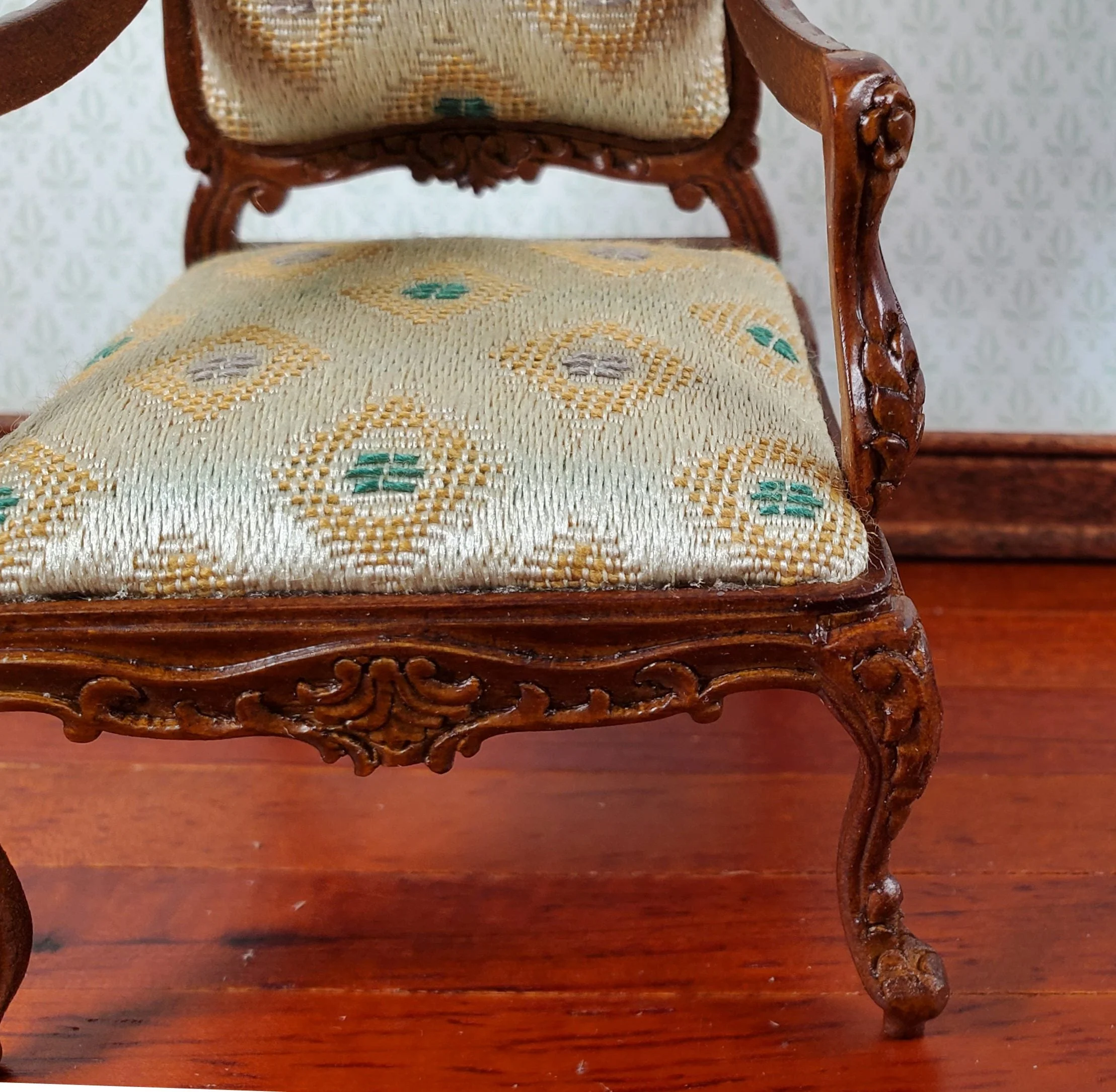 JBM Dollhouse Armchair Chair Rococo Style Walnut 1:12 Scale Miniature Furniture - Image 4