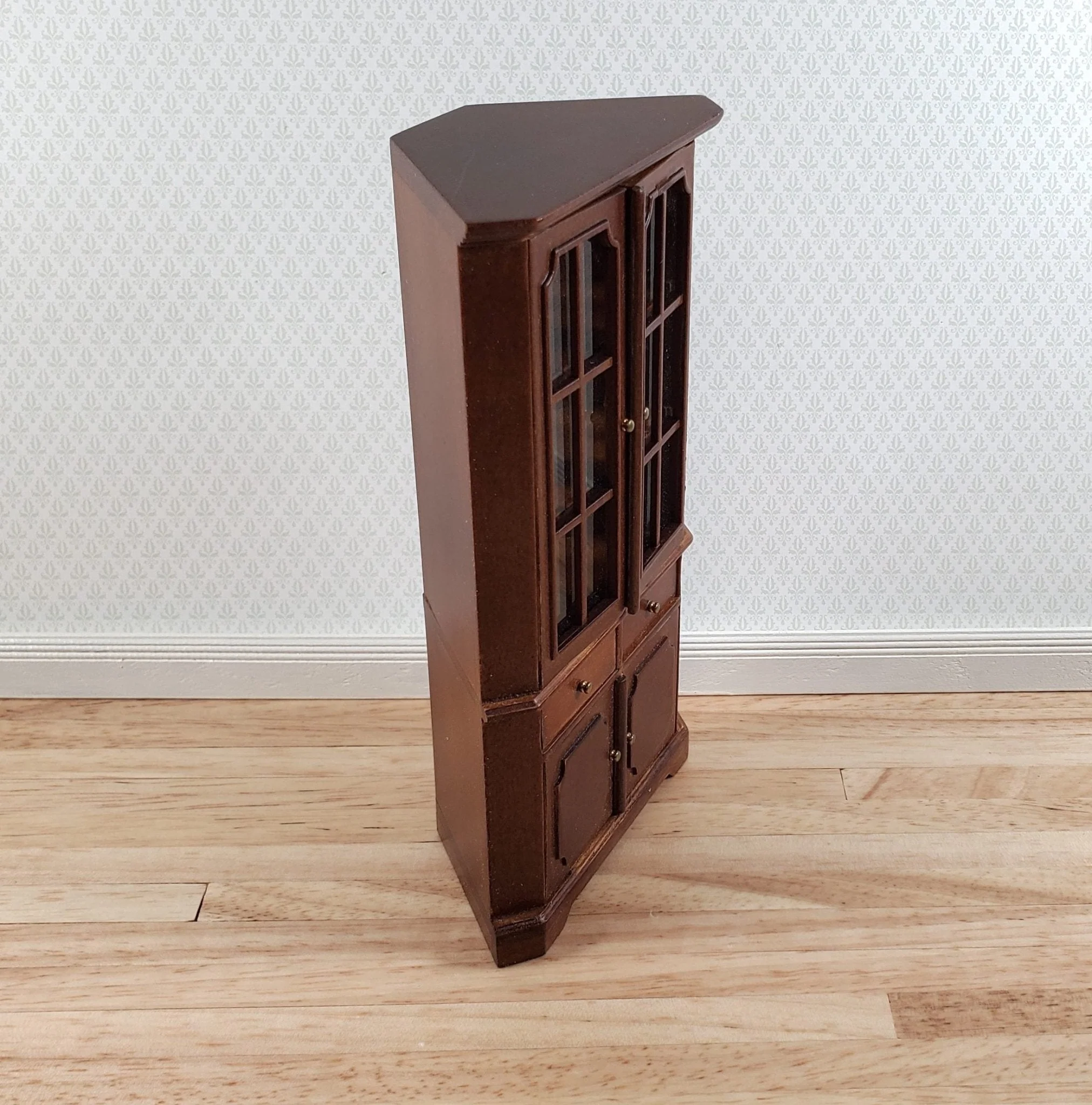 JBM Dollhouse Corner Cabinet Hutch 1:12 Scale Miniature Furniture Walnut Finish - Image 4