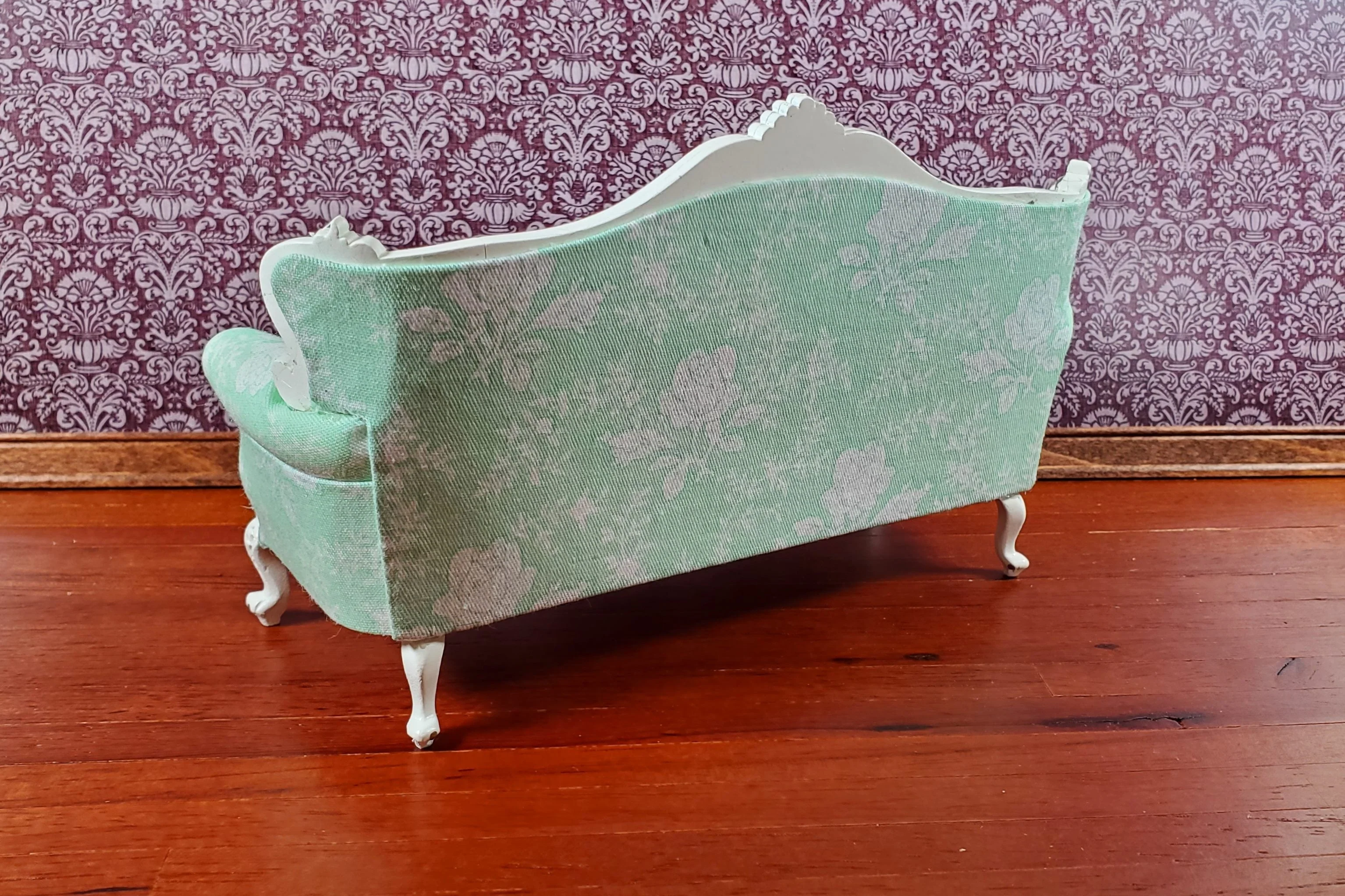 JBM Dollhouse Green Sofa Couch Rococo Style Settee 1:12 Scale Miniature Furniture - Image 3