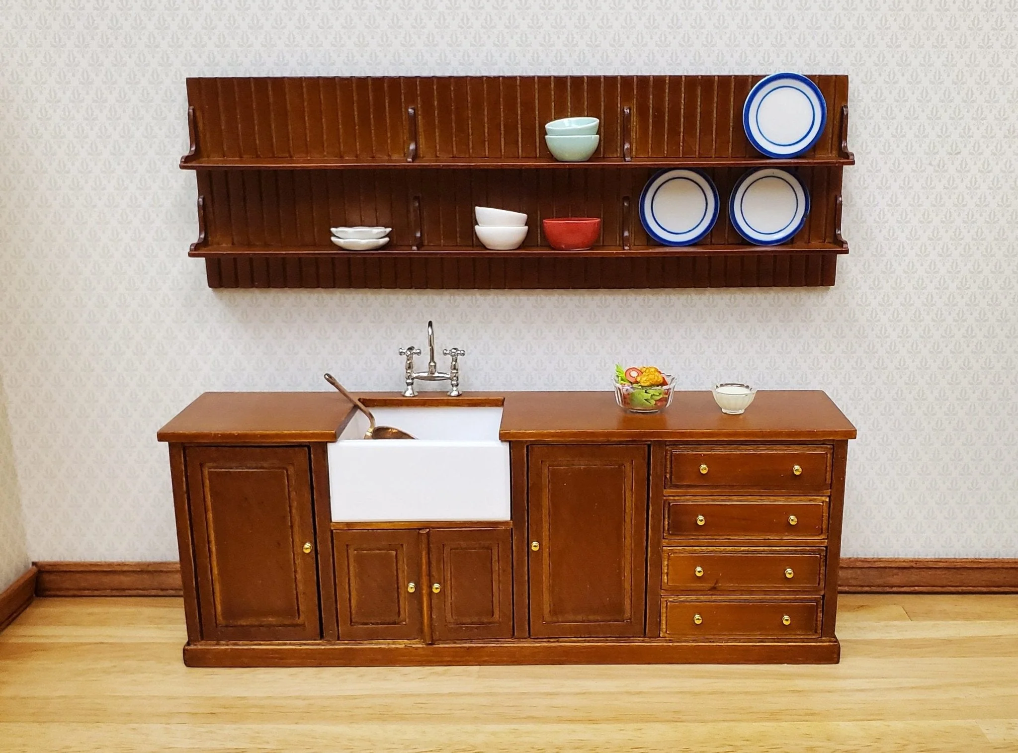JBM Dollhouse Kitchen Sink & Plate Shelf Farmhouse Style Walnut Finish 1:12 Scale - Image 3