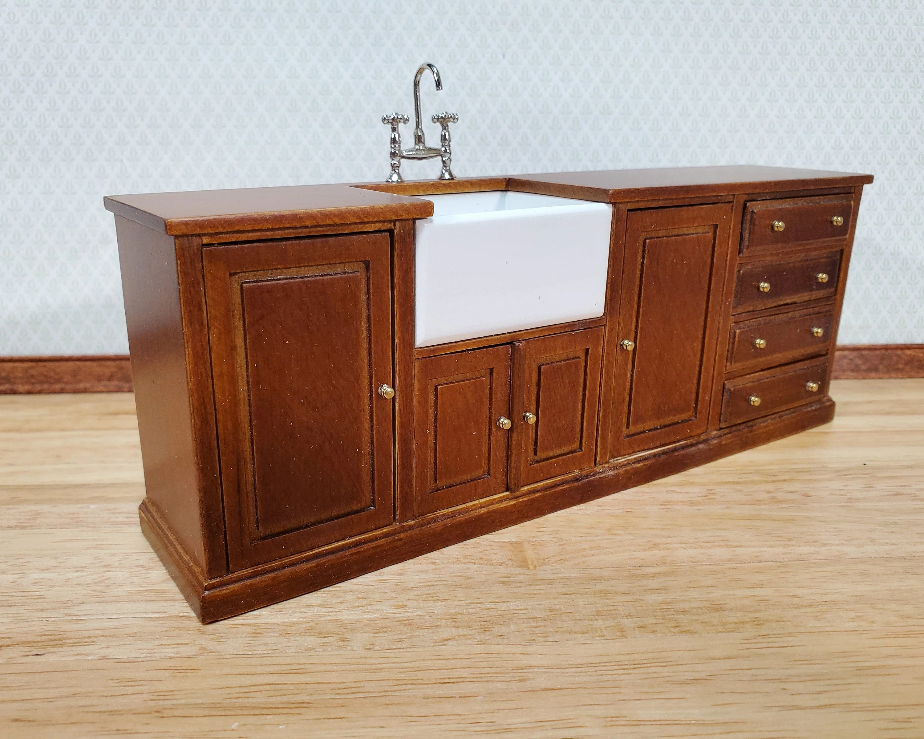 JBM Dollhouse Kitchen Sink & Plate Shelf Farmhouse Style Walnut Finish 1:12 Scale - Image 4