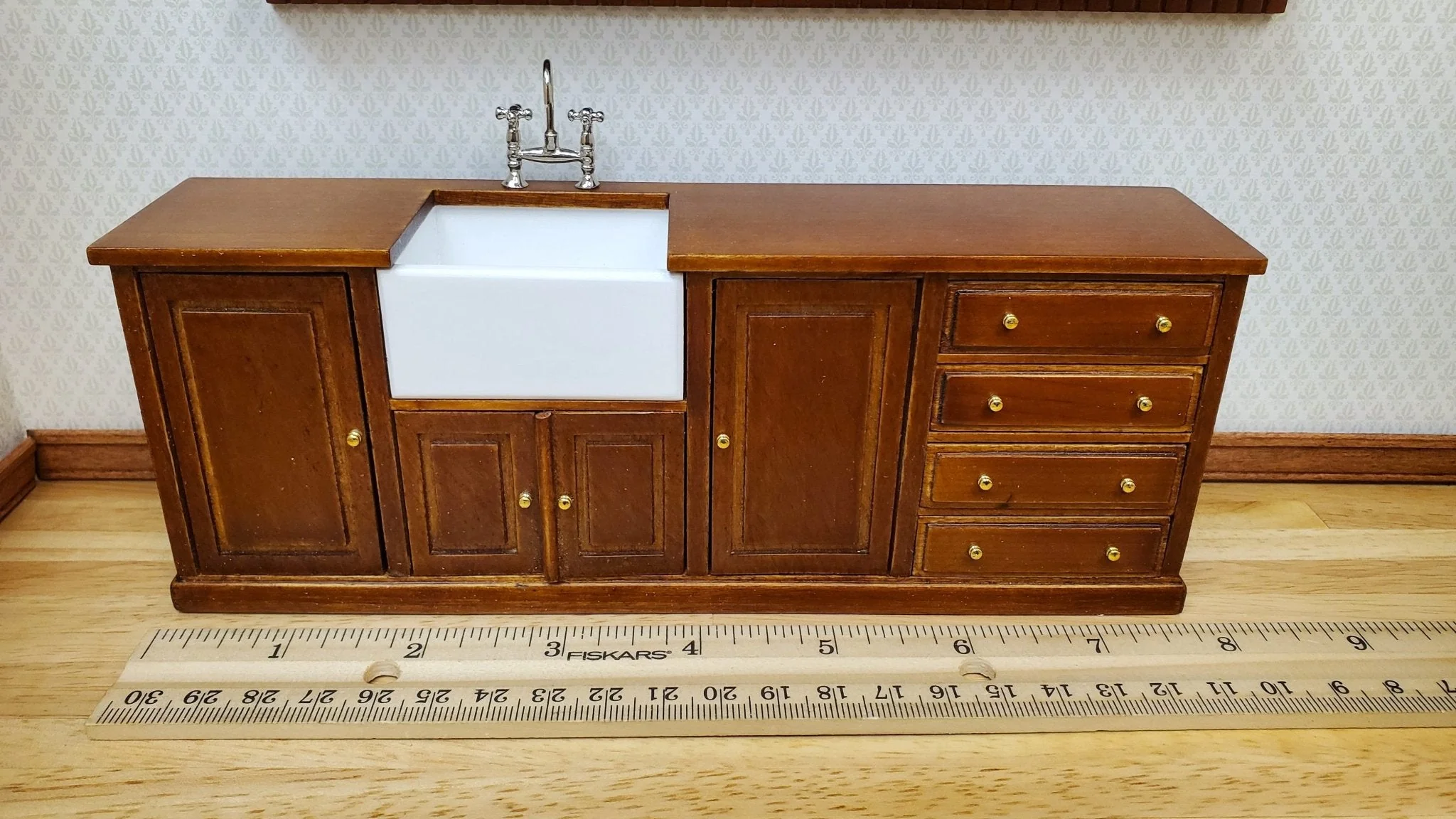 JBM Dollhouse Kitchen Sink & Plate Shelf Farmhouse Style Walnut Finish 1:12 Scale - Image 5