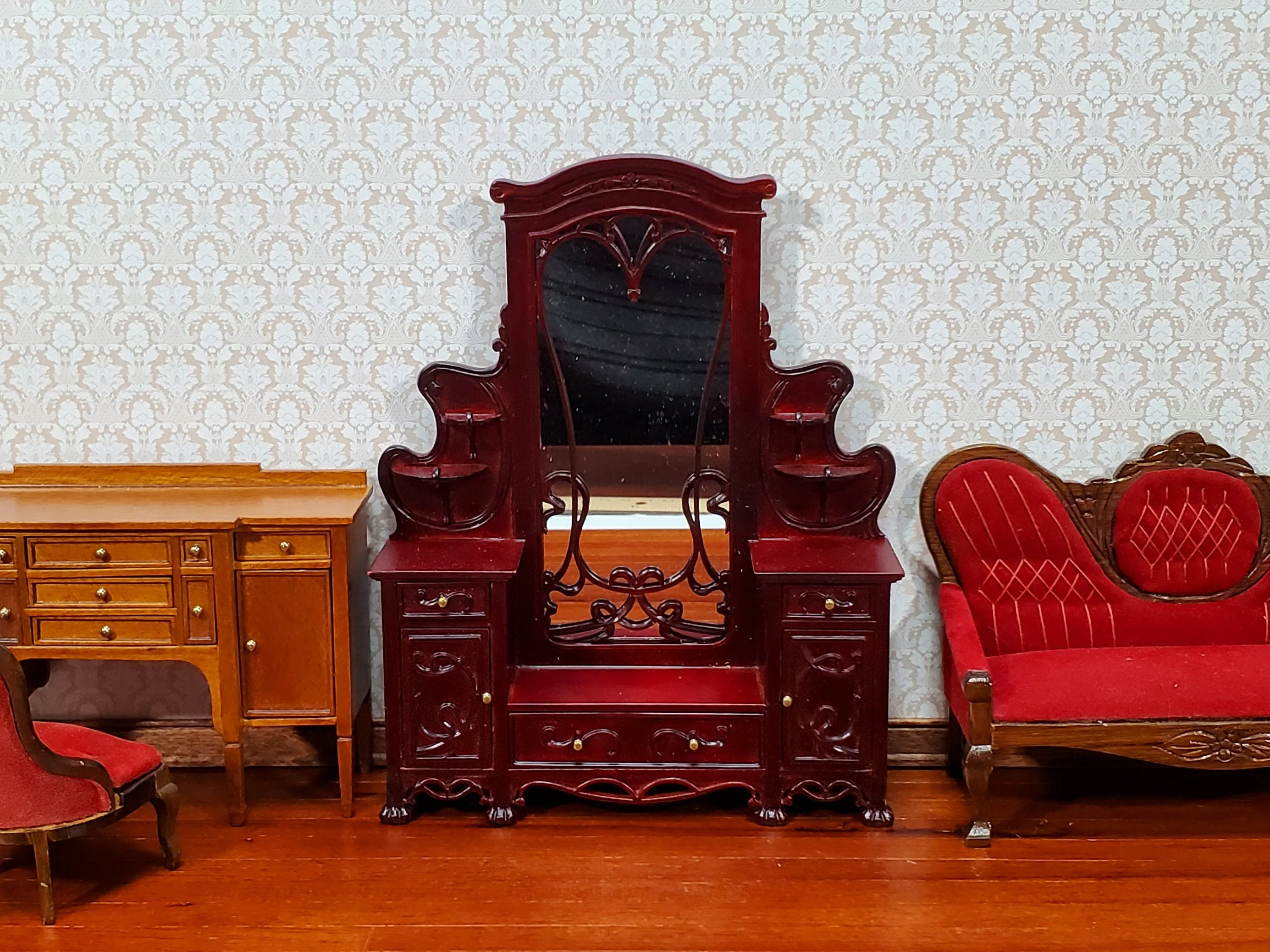 Dollhouse Dressing Table w/ Mirror Art Nouveau Style Mahogany Finish 1:12 Scale - Image 4