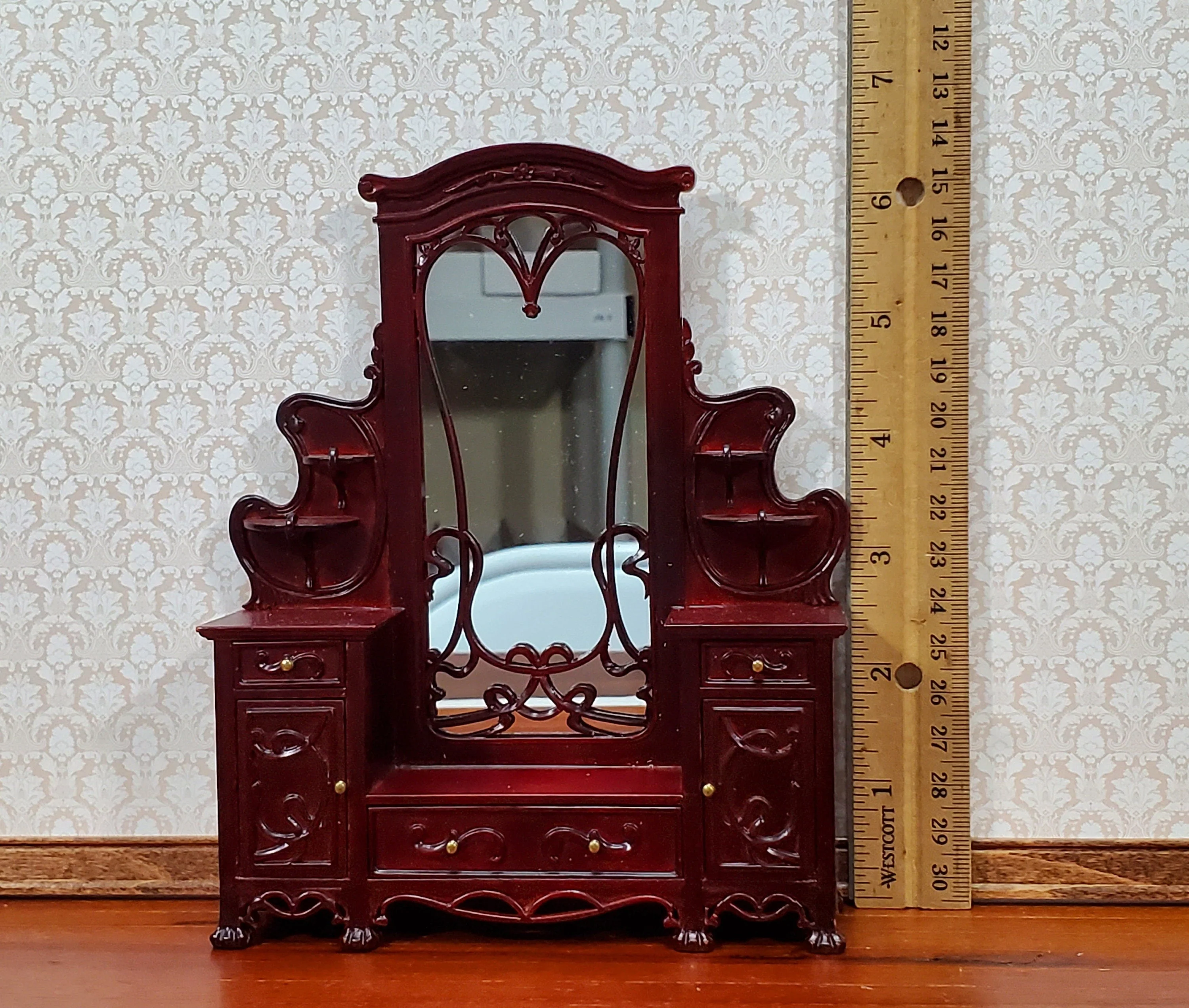 Dollhouse Dressing Table w/ Mirror Art Nouveau Style Mahogany Finish 1:12 Scale - Image 5