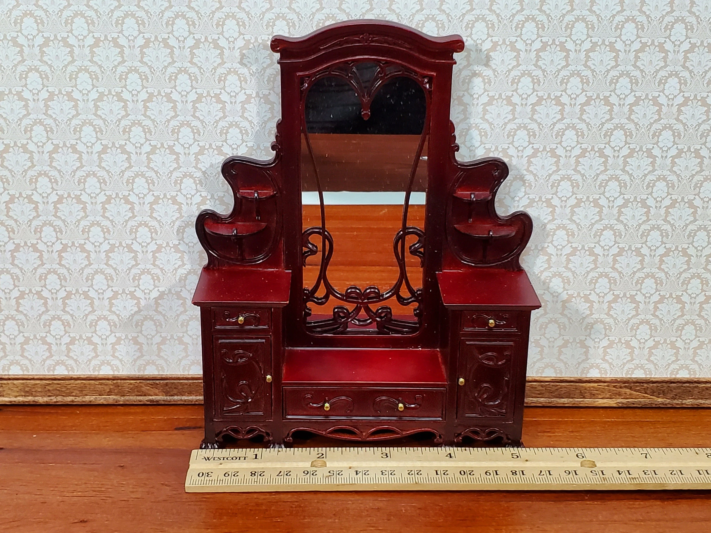 Dollhouse Dressing Table w/ Mirror Art Nouveau Style Mahogany Finish 1:12 Scale - Image 6