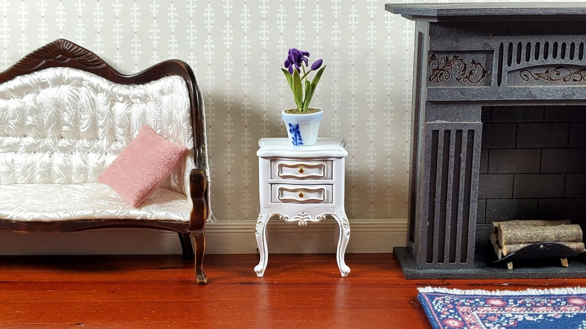 JBM Miniature Side Table or Nightstand White Gold 1:12 Scale Dollhouse Furniture - Image 3